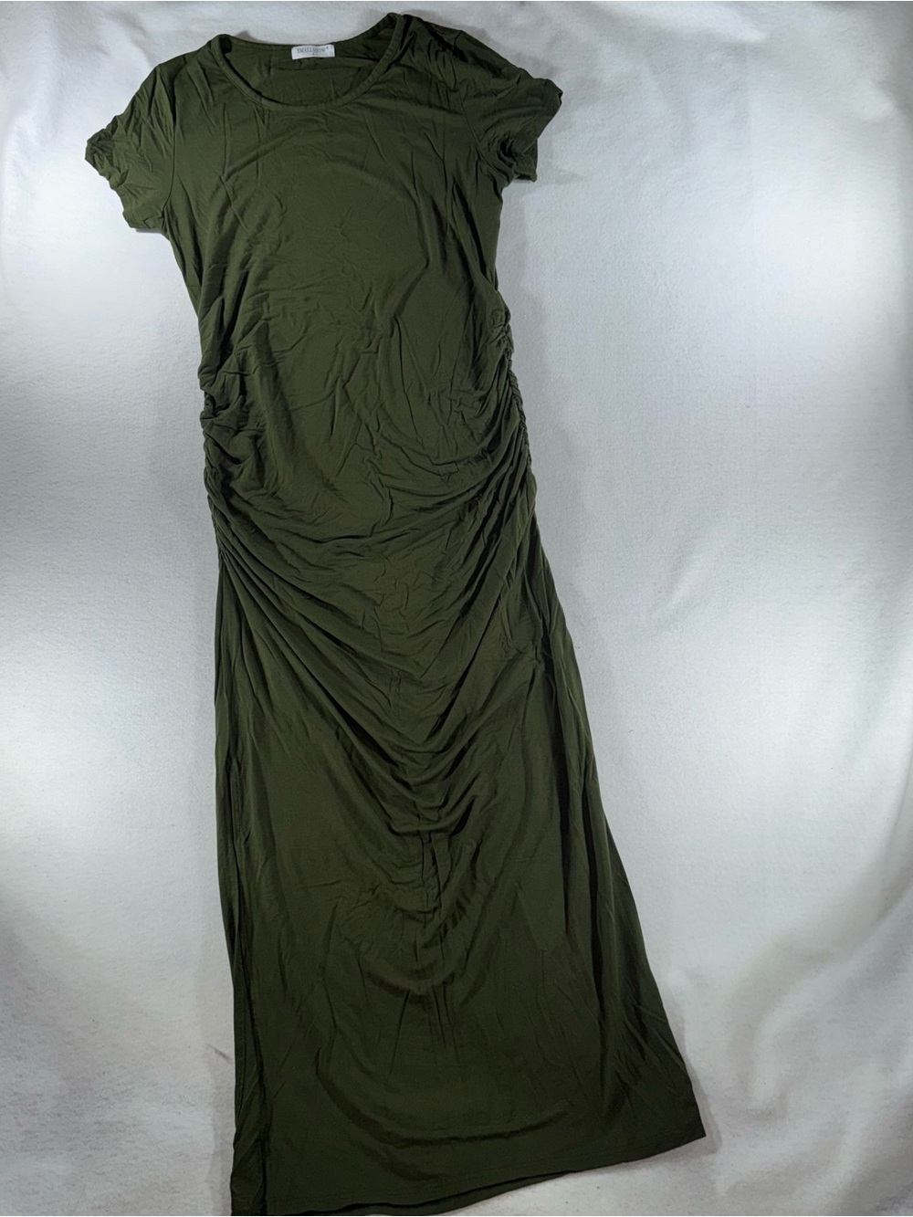 Maternity Green Ruched Maxi Dress gender neutral photo shoot baby shower comfy